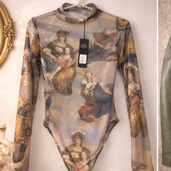 Fashion Nova Tops - Renaissance Art Mesh Bodysuit | New With Tags | Sheer Museum Print | Size